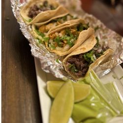 Ruby's Taqueria - chicken and fajita tacos (flour), served with plenty of fresh salsa verde, freshly sliced limes, chopped cilantro and onions