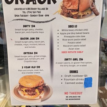 Crack - Try the Dirty Burger with Bacon jam! Ahhh! So good! You will not be disappointed! - Burgers Near Me - Long Beach, California