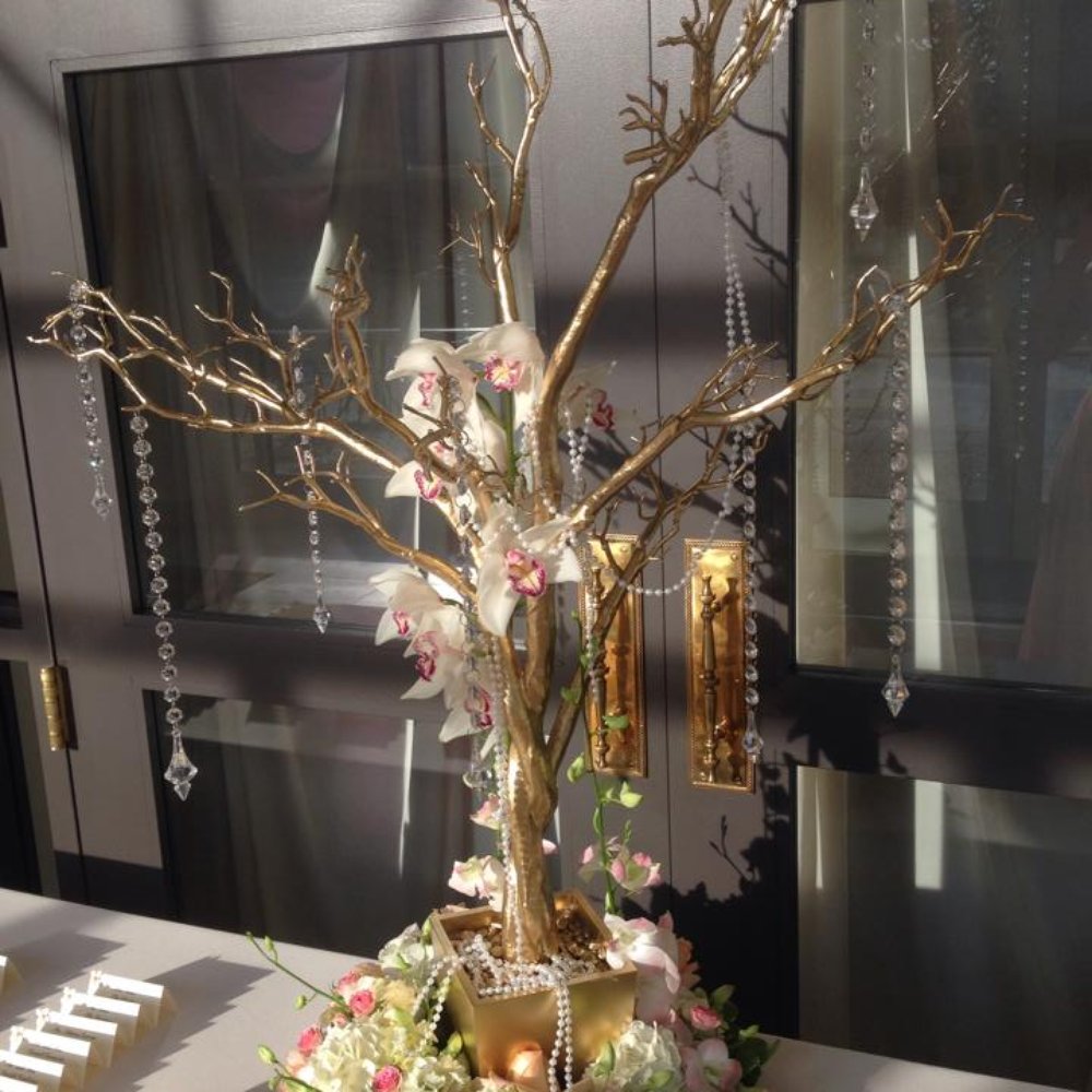 Sanimar Decor Studio - Golden tree with orchids and hanging crystals for the place-cards. - Party Supplies Near Me - Northbrook, Illinois Sanimar Decor Studio - Golden tree with orchids and hanging crystals for the place-cards. - Party Supplies Near Me - Northbrook, Illinois