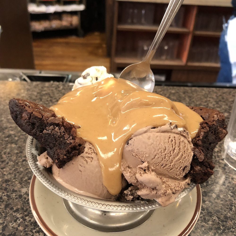 Holsten's - Brownie sundae topped with peanut butter with cookie road and cookie dough ice cream - Candy Stores Near Me - Bloomfield, New Jersey