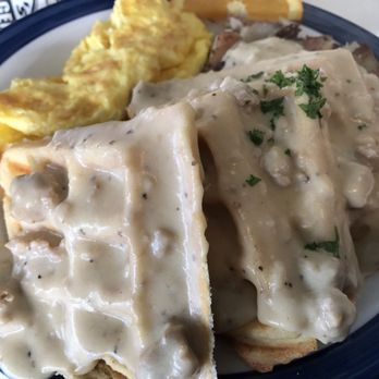 Alexa's Cafe - Yup... that's a waffle smothered in the made daily sausage gravy. Boom... - Breakfast & Brunch Near Me - Bothell, Washington Alexa's Cafe - Yup... that's a waffle smothered in the made daily sausage gravy. Boom... - Breakfast & Brunch Near Me - Bothell, Washington
