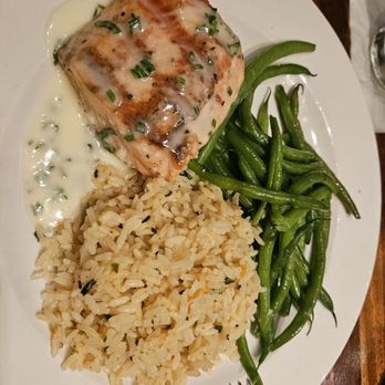 Village Tavern - Brunch: Fresh Salmon with chive butter sauce, fresh green beans, rice pilaf - New American Near Me - Birmingham, Alabama Village Tavern - Brunch: Fresh Salmon with chive butter sauce, fresh green beans, rice pilaf - New American Near Me - Birmingham, Alabama