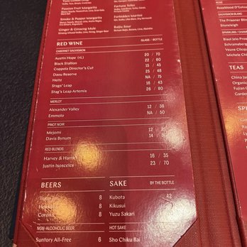 Panda Inn - Cocktail menu - A red cocktail menu from Panda Inn in Pasadena, CA, listing drinks, wines, beers, and sake options with prices and descriptions. - Chinese Near Me - Pasadena, California