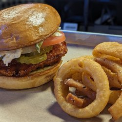 Area 254 - Crispy chicken sandwich and onion rings at AREA 254
