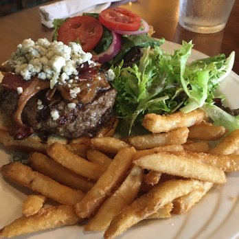 Cafe Provence - The Caf Provence Grass - Fed Beef Burger from Spotted Dog Family Farm with caramelized onions, bacon, bleu, and mushrooms. - French Near Me - Brandon, Vermont Cafe Provence - The Caf Provence Grass - Fed Beef Burger from Spotted Dog Family Farm with caramelized onions, bacon, bleu, and mushrooms. - French Near Me - Brandon, Vermont