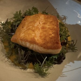 Brazen Open Kitchen Bar - My salmon served with squash purée and forbidden rice  with smoked butter and winter greens. Delicious! - New American Near Me - Dubuque, Iowa
