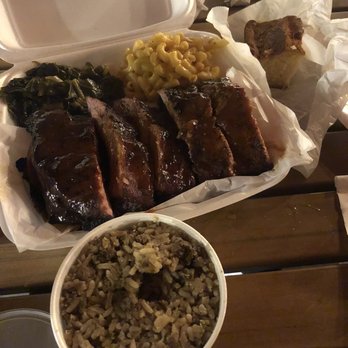 Bowlegged BBQ - Sampler plate: Mac and Cheese, ribs, brisket, hot links, dirty rice, Collard Greens, Corn Bread - Barbeque Near Me - San Diego, California