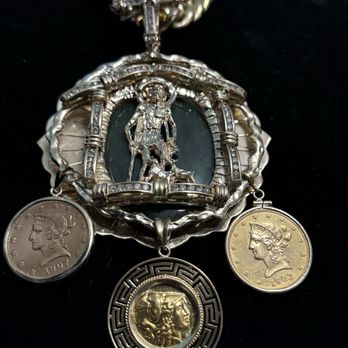 Ice Vault - A custom St. Lazarus pendant with 3 gold coins, 69 natural diamonds and a large jade cabochon. Weighing 184 grams. - Jewelry Near Me - Sacramento, California