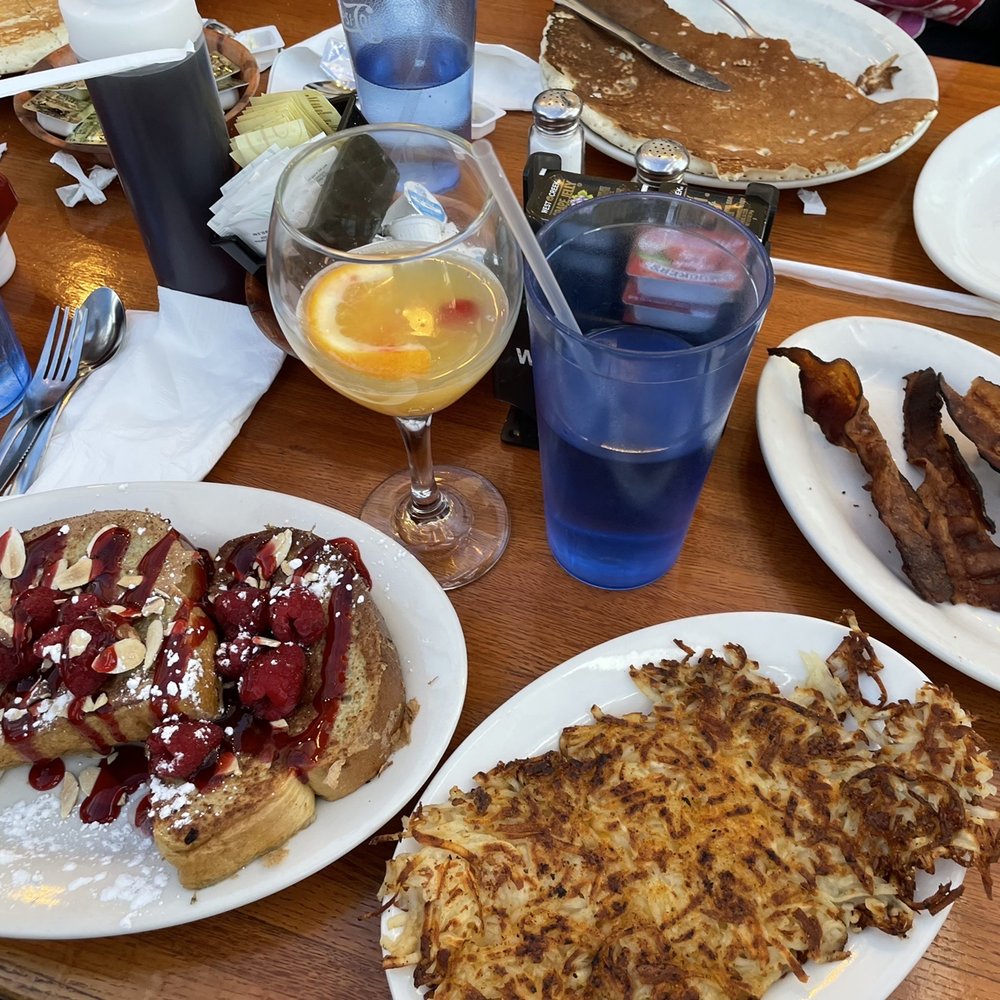 Kelley's Sebago Diner - Raspberry/Almond French Toast, crispy hash browns, crisp bacon, and a mimosa - Breakfast & Brunch Near Me - Windham, Maine Kelley's Sebago Diner - Raspberry/Almond French Toast, crispy hash browns, crisp bacon, and a mimosa - Breakfast & Brunch Near Me - Windham, Maine
