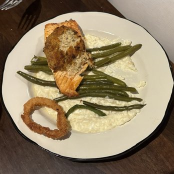 Mt. Gretna Hideaway - The salmon with asparagus, lemon risotto and a crab cake. (and a borrowed onion ring!) - American Near Me - Mount Gretna, Pennsylvania Mt. Gretna Hideaway - The salmon with asparagus, lemon risotto and a crab cake. (and a borrowed onion ring!) - American Near Me - Mount Gretna, Pennsylvania