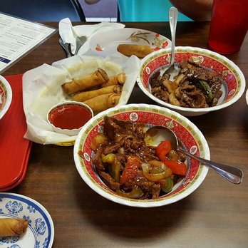 Little Mama's - Mongolian spicy beef..not too spicy!..fried rice..beef steak with soy sauce & Shanghai lumpia with steamed veggies..fresh and delicious! - Filipino Near Me - Round Rock, Texas