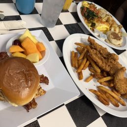 Hot honey chicken sandwich, chicken tenders w/ fries and omelette Hot honey chicken sandwich, chicken tenders w/ fries and omelette