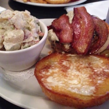 Tommy J's Grill & Catering - Blue bacon burger with potato salad - Burgers Near Me - Davis, California