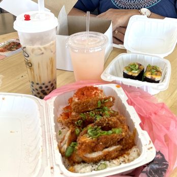 Shootz - Combo meal spicy chicken katsu with 2pcs spam musubi brûlée and a refreshing drink-- boba milk tea from Koio in the same center next door. - Hawaiian Near Me - Ontario, California Shootz - Combo meal spicy chicken katsu with 2pcs spam musubi brûlée and a refreshing drink-- boba milk tea from Koio in the same center next door. - Hawaiian Near Me - Ontario, California