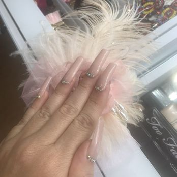 Posh Nails - Long, pink with rhinestones - Nail Salons Near Me - Ontario, California