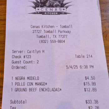 Cenas Kitchen - bill for typical meal. - Mexican Near Me - Tomball, Texas