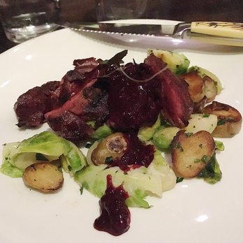 Fireside - Second course: Hanger Steak with confit potatoes & brussels sprouts - New American Near Me - Portland, Oregon
