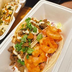 The Dude’s Foods - Steak and shrimp tacos on corn tortillas