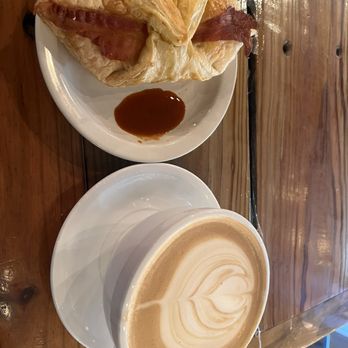 Bequest Coffee - Salted caramel latte with oat milk side Bacon & fontina cheese - Coffee & Tea Near Me - Mill Creek, Washington