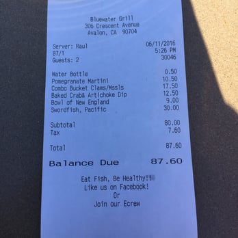 Bluewater Avalon - The receipt - Seafood Near Me - Avalon, California