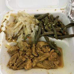 Tassa Roti Shop - Curry chicken, green beans, and cabbage $10. Pick any 3 from the buffet area