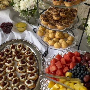 Tea Traditions - Sun dried tomato and goat cheese tart, fruit platter, desserts (toffee tassies, cream puffs, and fruit tarts) - Caterers Near Me