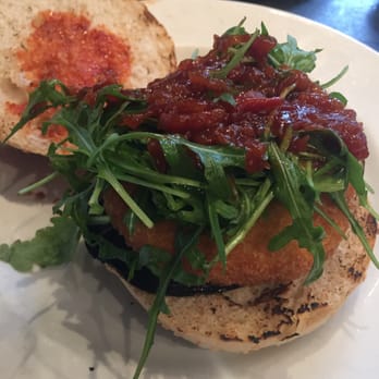 Gourmet Burger Kitchen - Billy the Kid burger sans harissa mayo, red onion & pesto. (wheel of goats cheese, aubergine & rocket with an "extra" of relish) - Burgers Near Me - Dublin, D