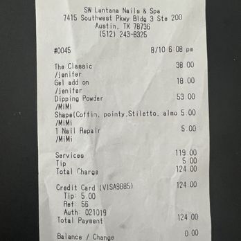 Lantana Nails - receipt for the TRASH quality nail services i paid for - take note of the $18 "Gel add on" for the gel pedi polish that didn't last 3 days!! - Nail Salons Near Me - Austin, Texas