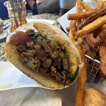 Latin Deli - Lomo Saltado Sandwich and Fried Potatoes - Latin American Near Me - Dallas, Texas