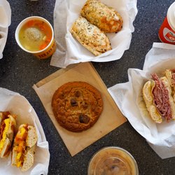 Eggel, bagel & cream cheese, Reese's peanut butter cookie and Matzo Ball soup