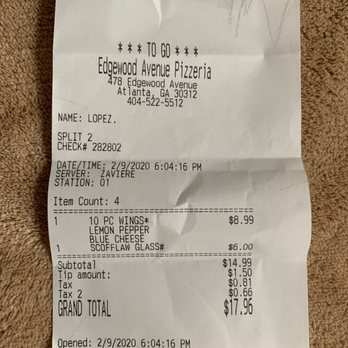 Edgewood Pizza - Look at the tax - Pizza Near Me - Atlanta, Georgia