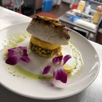Somers Point Paddle Club - Halibut polenta and succotash with parsley oil and edible rose - Social Clubs Near Me - Somers Point, New Jersey Somers Point Paddle Club - Halibut polenta and succotash with parsley oil and edible rose - Social Clubs Near Me - Somers Point, New Jersey