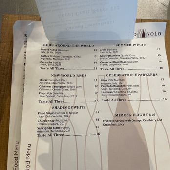 Vino Volo - a menu for a wine tasting - Wine Bars Near Me - Calgary, Alberta