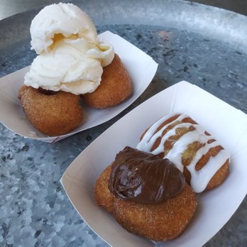 Simply Done Donuts - Top left: 2 Cinnamon Sugar doughnuts topped with vanilla ice cream Bottom Right: Churro with Nutella on top and Apple Pie - Food Trucks Near Me - Dunwoody, Georgia Simply Done Donuts - Top left: 2 Cinnamon Sugar doughnuts topped with vanilla ice cream Bottom Right: Churro with Nutella on top and Apple Pie - Food Trucks Near Me - Dunwoody, Georgia