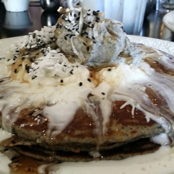 Bea Bea's - Coconut black sesame pancakes. Black sesame cream, whipped cream, coconut, maple syrup. Delicious!! - Coffee & Tea Near Me - Burbank, California Bea Bea's - Coconut black sesame pancakes. Black sesame cream, whipped cream, coconut, maple syrup. Delicious!! - Coffee & Tea Near Me - Burbank, California