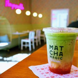 Matcha Magic Bellevue - Strawberry Matcha Latte: matcha + house-made strawberry puree + plant milk ($6.50).