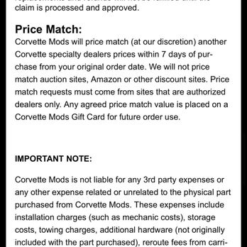 Corvette Mods - price match KEEP IN MIND, when I called they said they didn't do price matches until I said something. - Auto Parts & Supplies Near Me - Fort Worth, Texas Corvette Mods - price match KEEP IN MIND, when I called they said they didn't do price matches until I said something. - Auto Parts & Supplies Near Me - Fort Worth, Texas