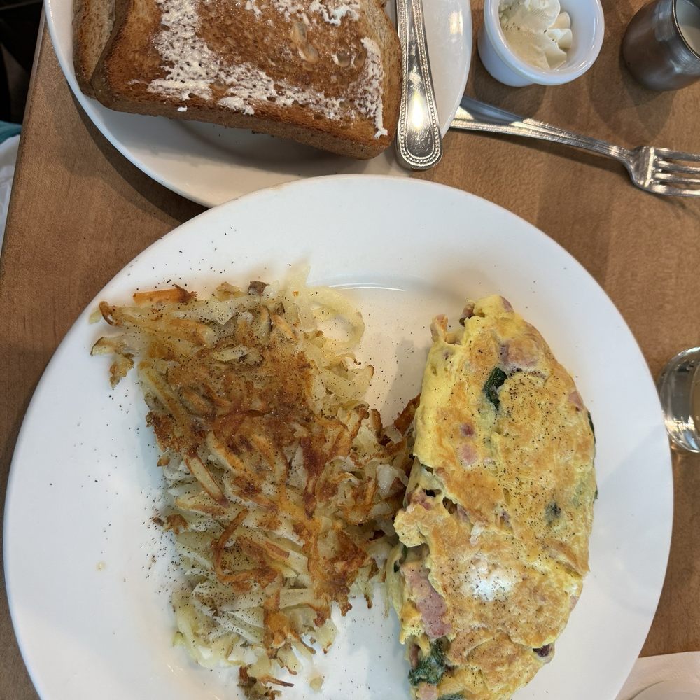 Jasper's Cafe - Large Spinach, feta and ham omelette with hashbrowns and toast. - Breakfast & Brunch Near Me - Glenview, Illinois Jasper's Cafe - Large Spinach, feta and ham omelette with hashbrowns and toast. - Breakfast & Brunch Near Me - Glenview, Illinois