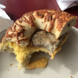 Egg, sausage, cheese on homemade jalapeño cheddar bagel - obviously it's good!