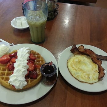 ButtercuP - Waffles with sides of bacon and eggs. Added strawberries. - Breakfast & Brunch Near Me - Oakland, California