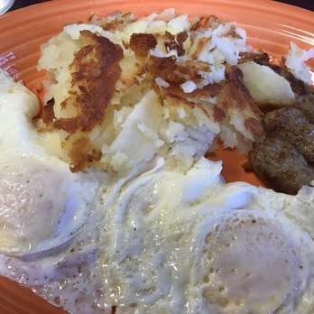 Honeymoon Grille - Over medium eggs sausage links and potatoes, delicious! - Breakfast & Brunch Near Me - Akron, Ohio