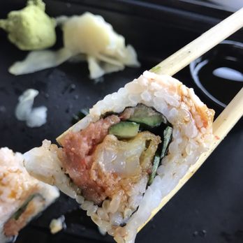 Sushi Junai 2 - Banzai roll. Supposed to be tempura shrimp, crab, avocado, cucumber. They left off the avocado, and added spicy tuna. - Sushi Bars Near Me - Austin, Texas