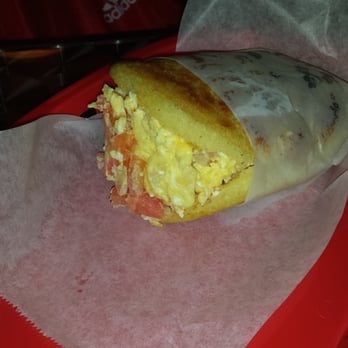 Charlotte Bakery - breakfast sandwich - egg and tomato in arepa - Bakeries Near Me - Miami Beach, Florida