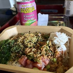 Large poke bowl with super sugary beverage.