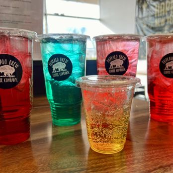 Buffalo Brew Coffee - Left to right: Prickly Pink, Sour Gummy with no candy, Watermelon Sugar x2 and a kids Pineapple Mango Italian Soda - Coffee & Tea Near Me - Valley Center, Kansas