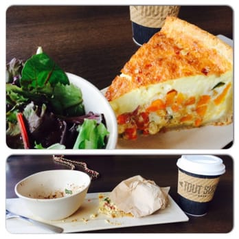 Tout Suite - Before & After. | Meat quiche (bacon, butternut squash, peppers, spinach, cheese) + greens & balsamic vinaigrette + white tea - Cafes Near Me - Houston, Texas