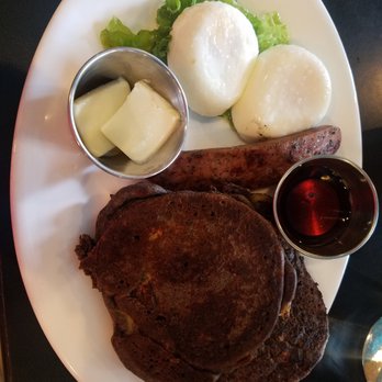 The Booch Bar - Buckwheat pancakes w/ apple and butter in them. Chicken sausage and poached eggs! Ono! - Breakfast & Brunch Near Me - Hilo, Hawaii