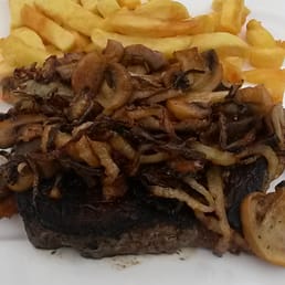 24 ounce steak w sauteed onions and mushrooms. Fries on the side 24 ounce steak w sauteed onions and mushrooms. Fries on the side