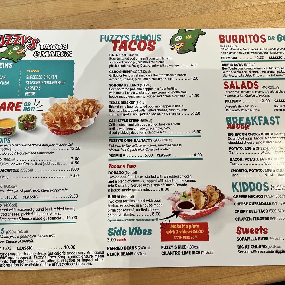 Fuzzy's Tacos and Margs - Food menu - Tacos Near Me - Kingwood, Texas