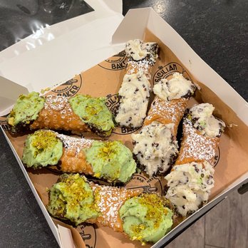 The Sicilian Baker - 6 Chocolate dipped Cannoli Shells, 3 filled with pistachio cream and 3 filled with Regular Cream - Bakeries Near Me - Phoenix, Arizona The Sicilian Baker - 6 Chocolate dipped Cannoli Shells, 3 filled with pistachio cream and 3 filled with Regular Cream - Bakeries Near Me - Phoenix, Arizona